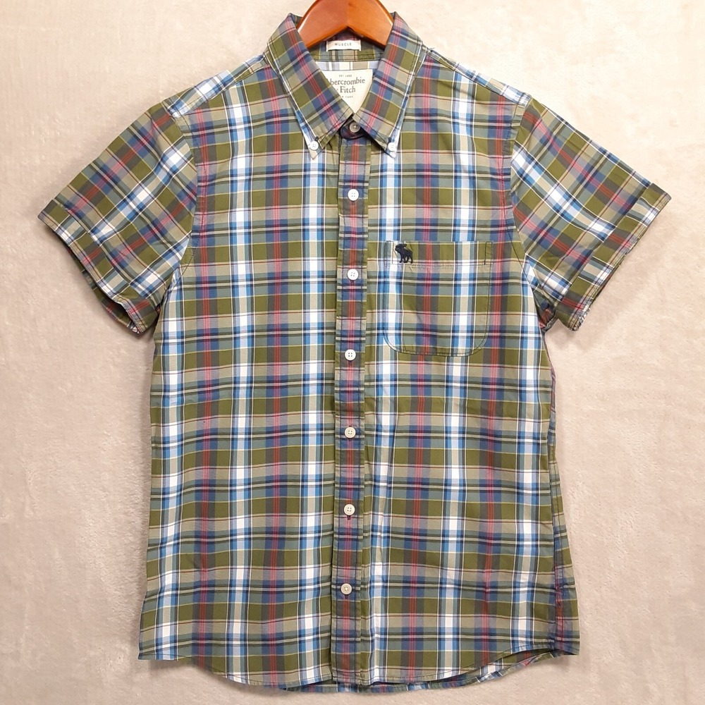 Abercrombie & Fitch Mens Muscle Short Sleeve Button Shirt Sz.M/Green-Plaid/Logo - Picture 1 of 14